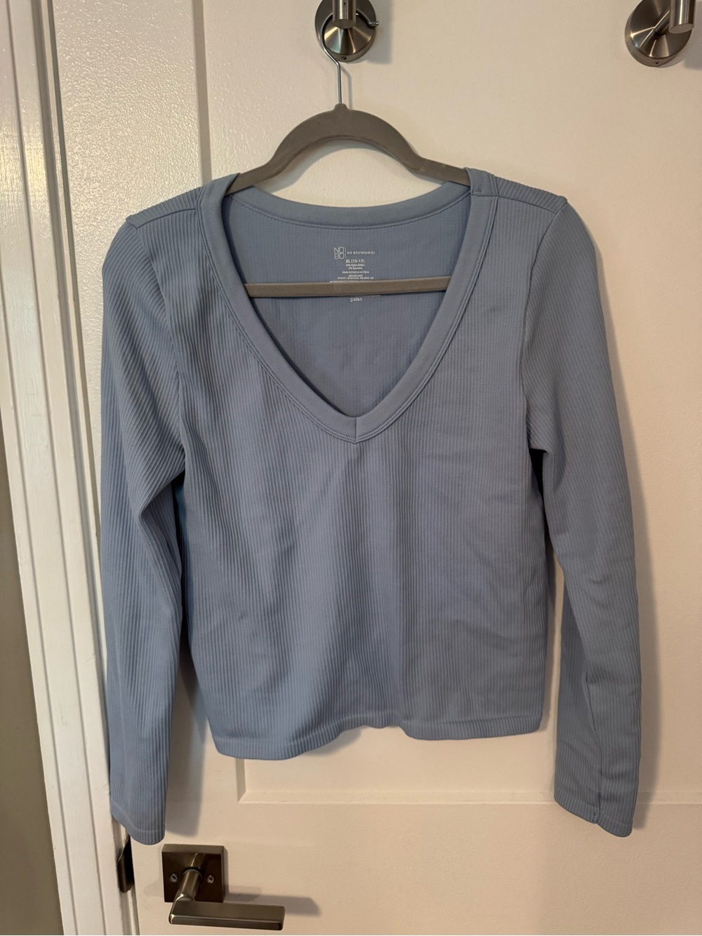 No Boundaries Ribbed V-Neck Long Sleeve Top in Dusty Blue
